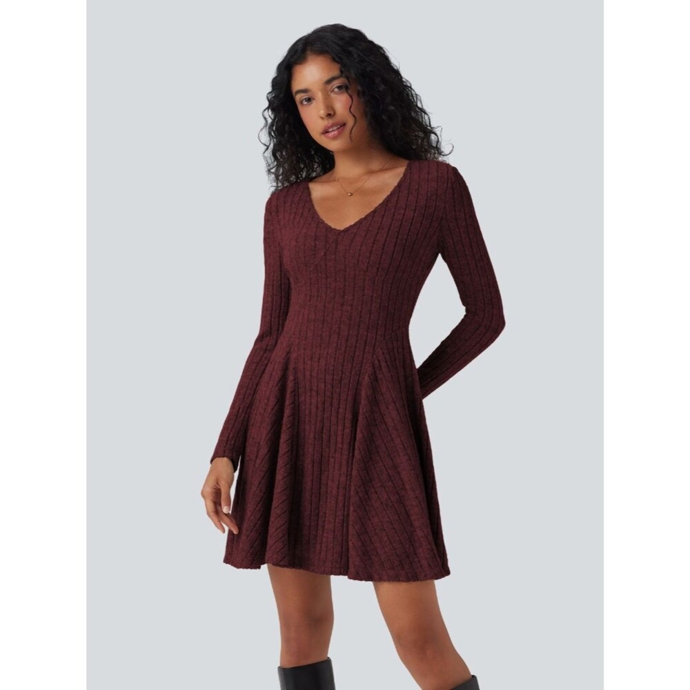 Halara Ribbed Flare Mini Dress Large Long Sleeve V Neck Stretch